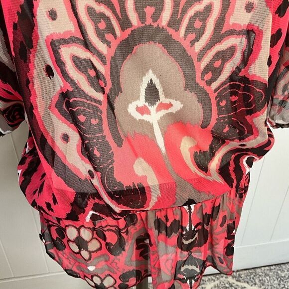 INC International Womens Medium Sheer Blouse Orange Brown Elastic Waist - Picture 3 of 14